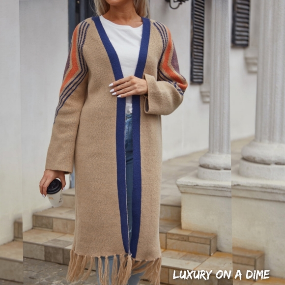 Fringe Retro Geometric Knit Duster Cardigan Sleeve Colorful Open Front Sweater - Picture 2 of 15